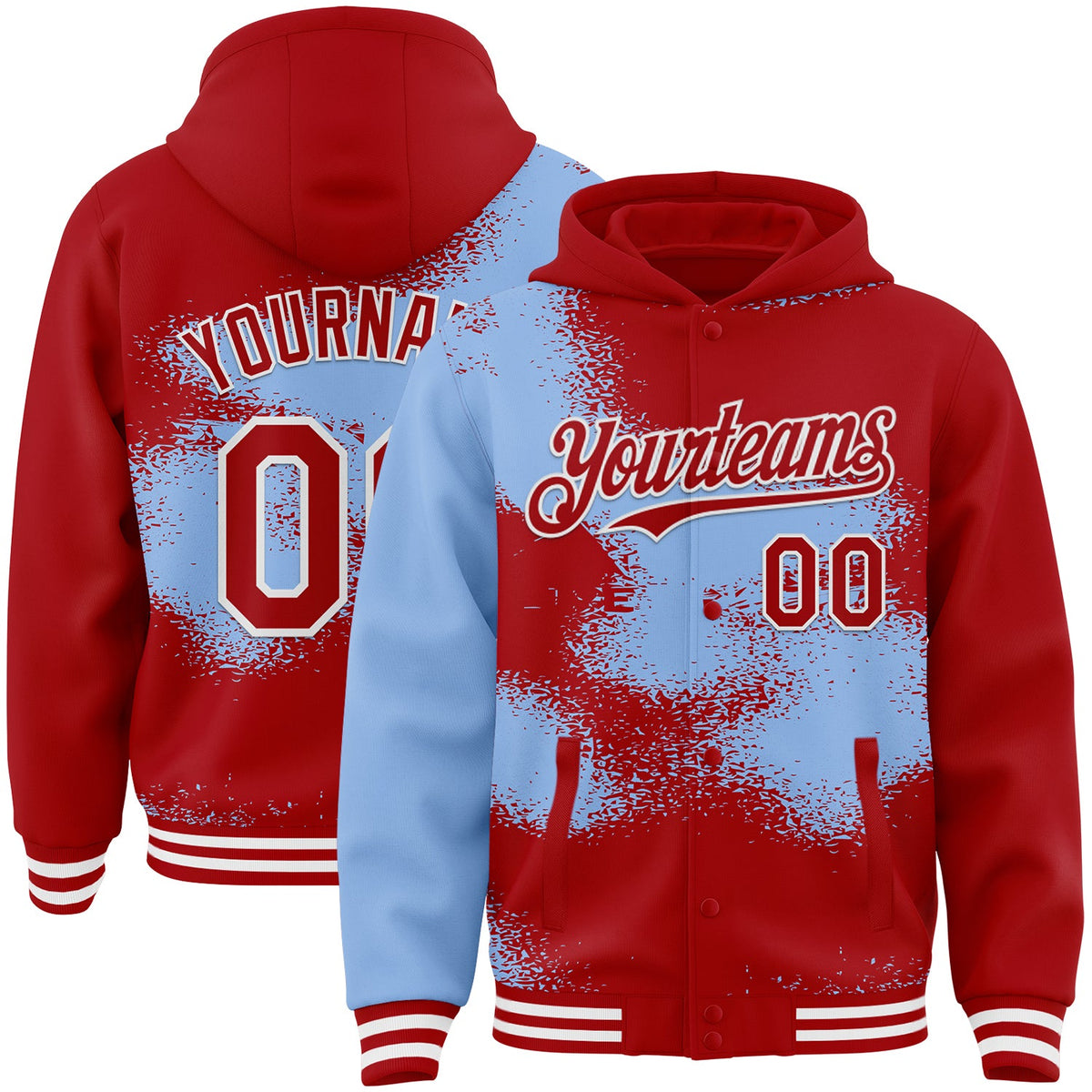 Custom Black Light Blue-White Abstract Color Blocks Fragment Pattern Bomber Full-Snap Varsity Letterman Hoodie Jacket