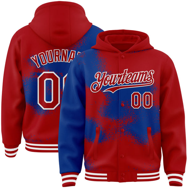 Custom Black Royal-White Abstract Color Blocks Fragment Pattern Bomber Full-Snap Varsity Letterman Hoodie Jacket