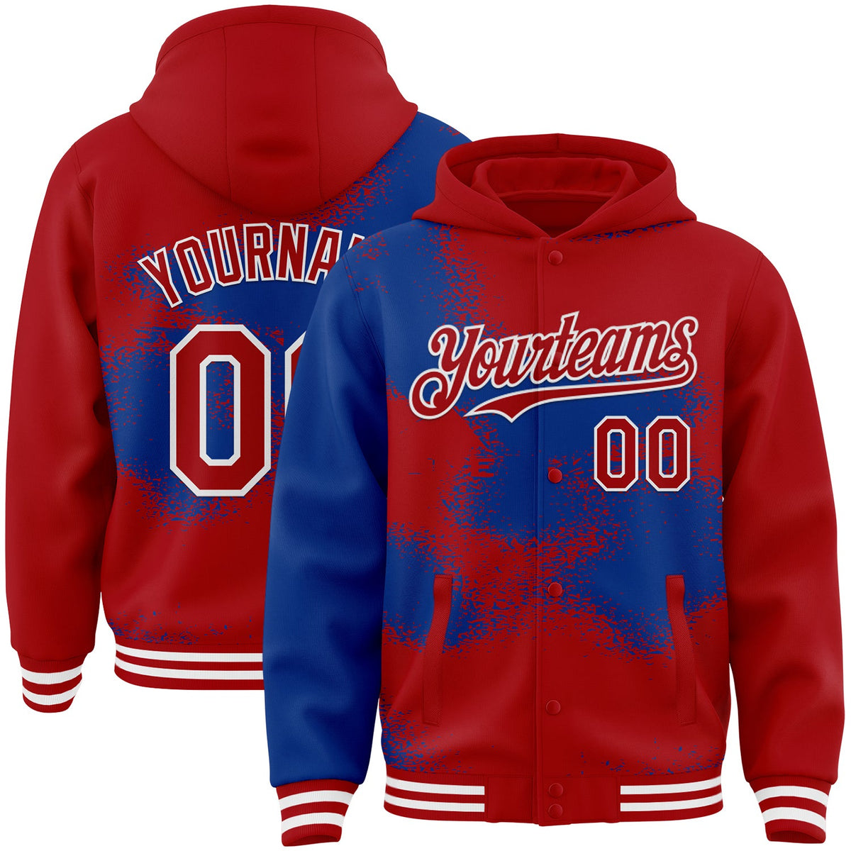 Custom Black Royal-White Abstract Color Blocks Fragment Pattern Bomber Full-Snap Varsity Letterman Hoodie Jacket