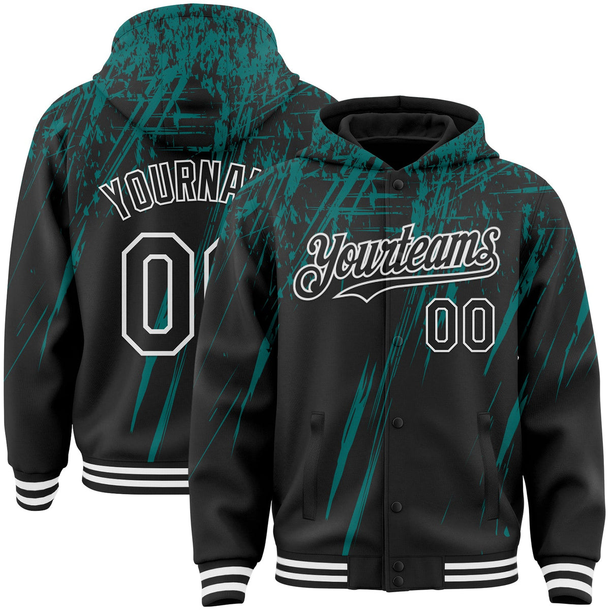 Custom Black Teal-White Splash Bomber Full-Snap Varsity Letterman Hoodie Jacket