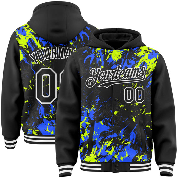 Custom Black Neon Green Royal-White Splash Bomber Full-Snap Varsity Letterman Hoodie Jacket