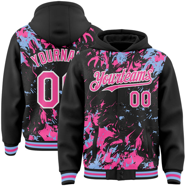 Custom Black Pink Light Blue-White Splash Bomber Full-Snap Varsity Letterman Hoodie Jacket