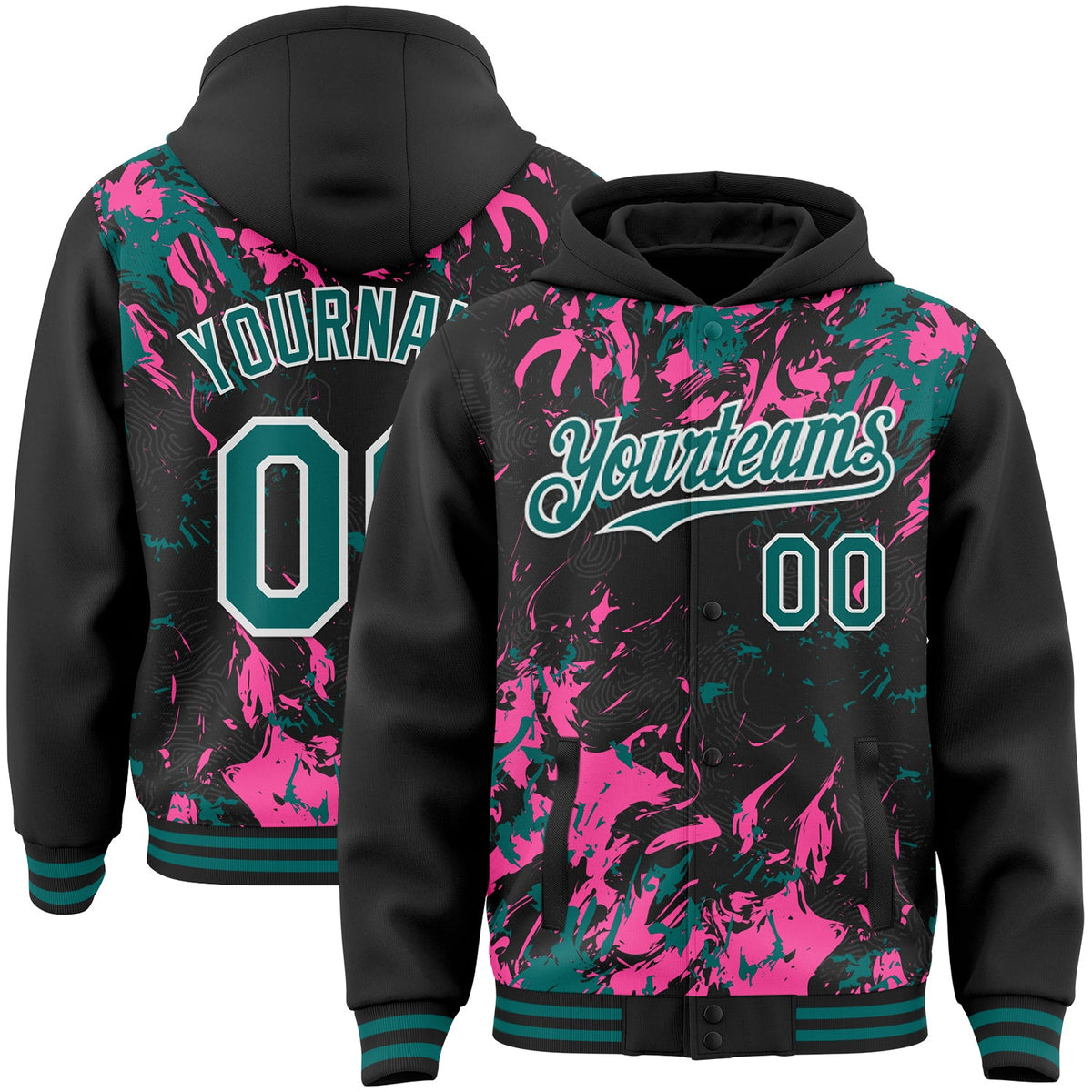 Custom Black Teal Pink-White Splash Bomber Full-Snap Varsity Letterman Hoodie Jacket