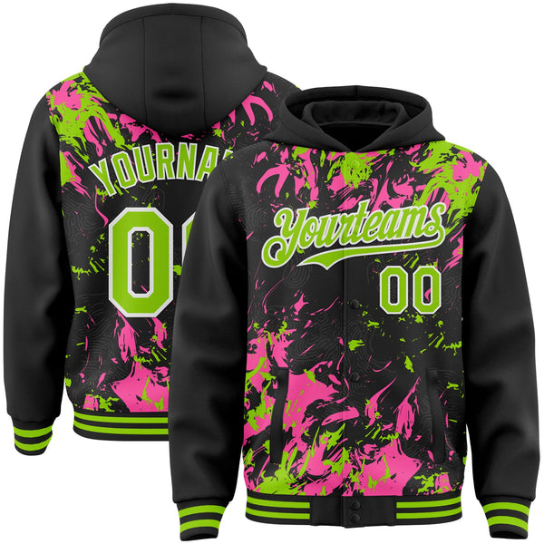 Custom Black Neon Green Pink-White Splash Bomber Full-Snap Varsity Letterman Hoodie Jacket