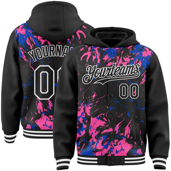 Custom Black Thunder Blue Pink-White Splash Bomber Full-Snap Varsity Letterman Hoodie Jacket