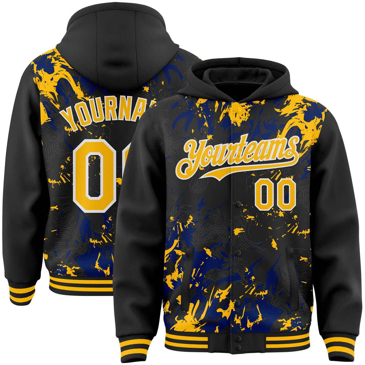 Custom Black Gold Royal-White Splash Bomber Full-Snap Varsity Letterman Hoodie Jacket