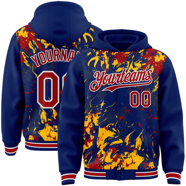 Custom Royal Red Gold-White Splash Bomber Full-Snap Varsity Letterman Hoodie Jacket