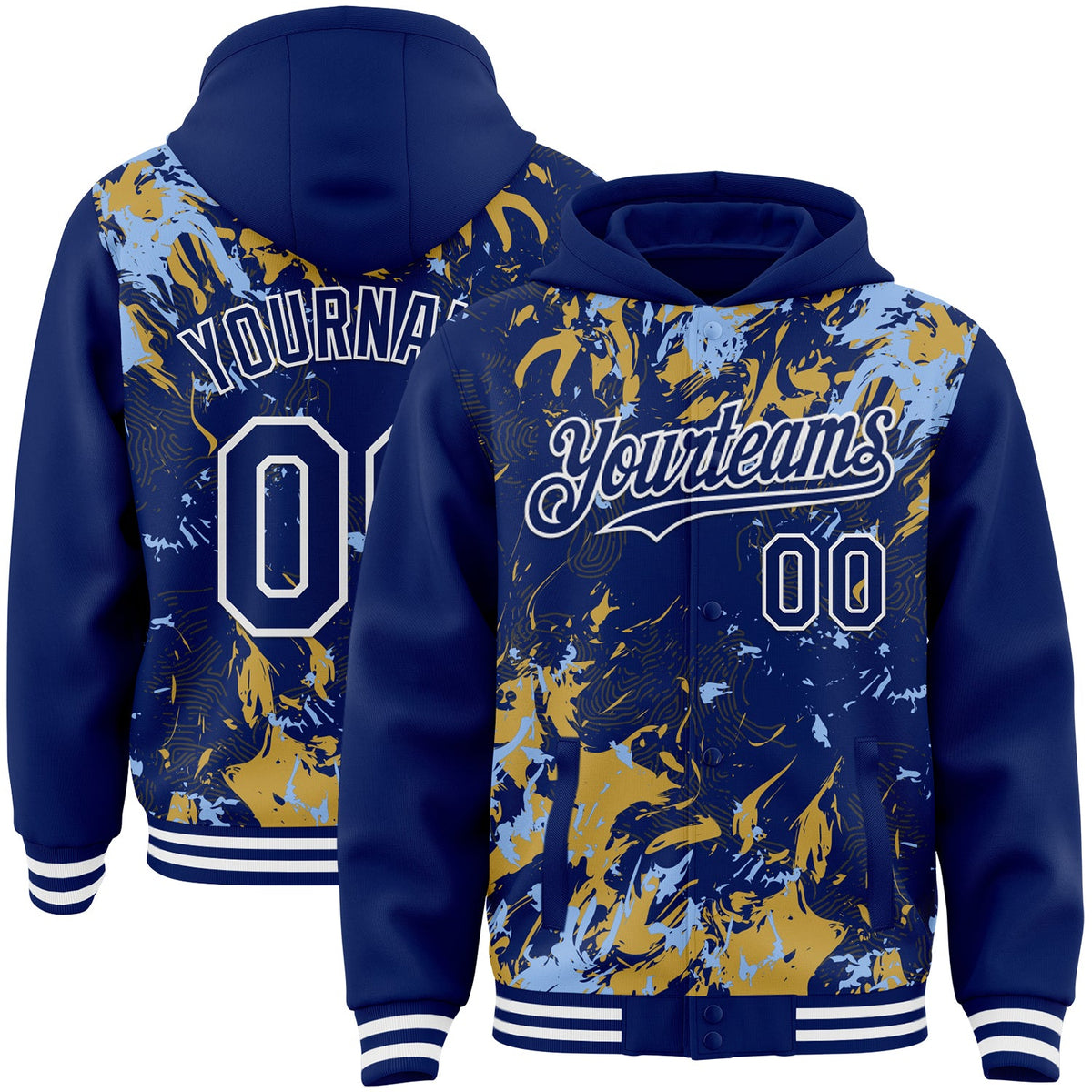 Custom Royal Light Blue Old Gold-White Splash Bomber Full-Snap Varsity Letterman Hoodie Jacket