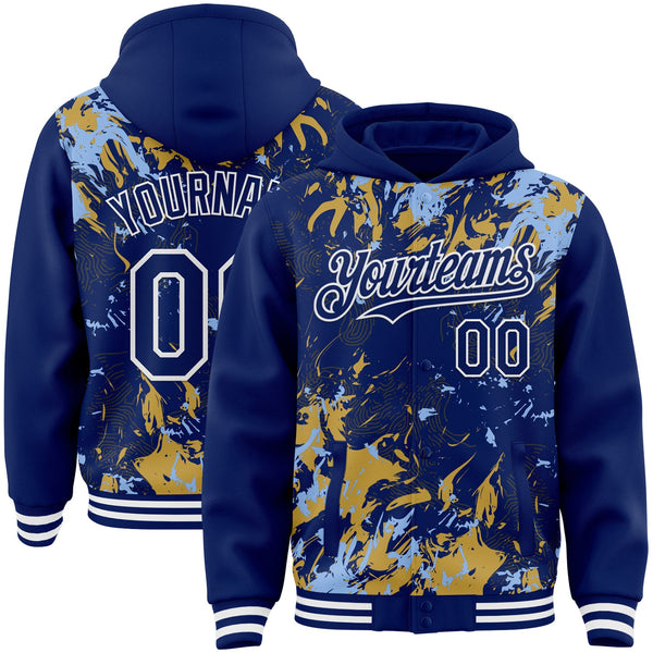 Custom Royal Light Blue Old Gold-White Splash Bomber Full-Snap Varsity Letterman Hoodie Jacket