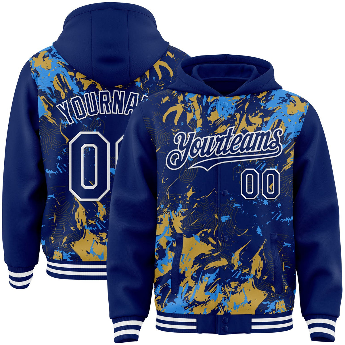 Custom Royal Powder Blue Old Gold-White Splash Bomber Full-Snap Varsity Letterman Hoodie Jacket