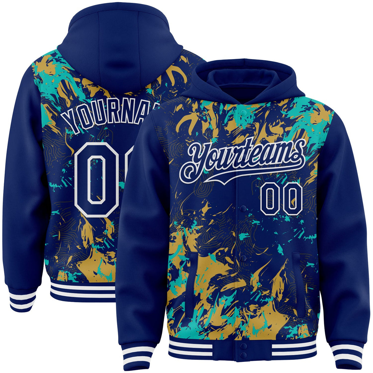Custom Royal Aqua Old Gold-White Splash Bomber Full-Snap Varsity Letterman Hoodie Jacket