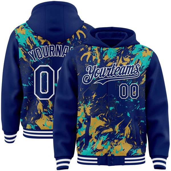 Custom Royal Aqua Old Gold-White Splash Bomber Full-Snap Varsity Letterman Hoodie Jacket