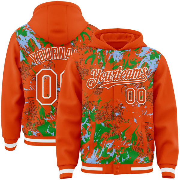 Custom Orange Light Blue Grass Green-White Splash Bomber Full-Snap Varsity Letterman Hoodie Jacket