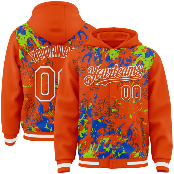 Custom Orange Neon Green Thunder Blue-White Splash Bomber Full-Snap Varsity Letterman Hoodie Jacket
