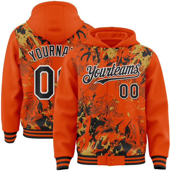 Custom Orange Black Old Gold-White Splash Bomber Full-Snap Varsity Letterman Hoodie Jacket