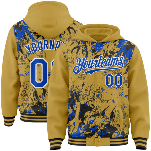 Custom Old Gold Thunder Blue Black-White Splash Bomber Full-Snap Varsity Letterman Hoodie Jacket