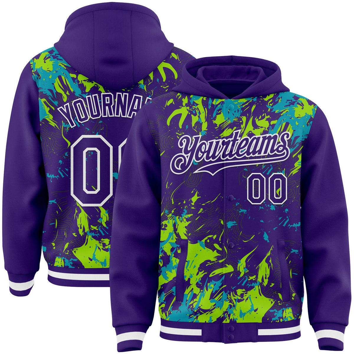 Custom Purple Teal Neon Green-White Splash Bomber Full-Snap Varsity Letterman Hoodie Jacket