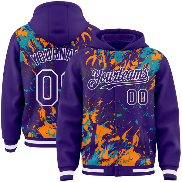 Custom Purple Teal Bay Orange-White Splash Bomber Full-Snap Varsity Letterman Hoodie Jacket