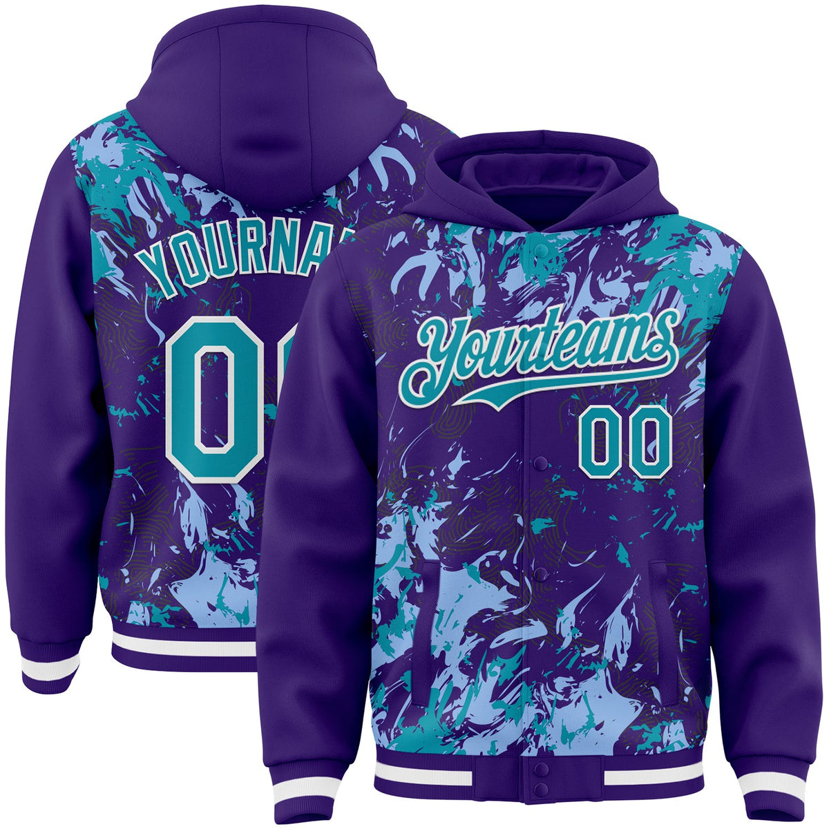Custom Purple Teal Light Blue-White Splash Bomber Full-Snap Varsity Letterman Hoodie Jacket