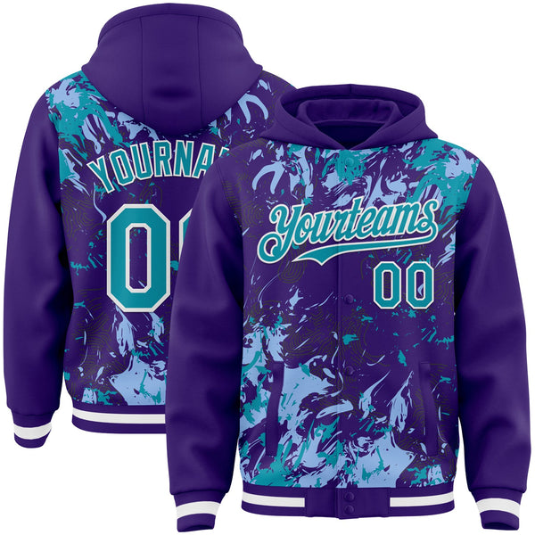 Custom Purple Teal Light Blue-White Splash Bomber Full-Snap Varsity Letterman Hoodie Jacket