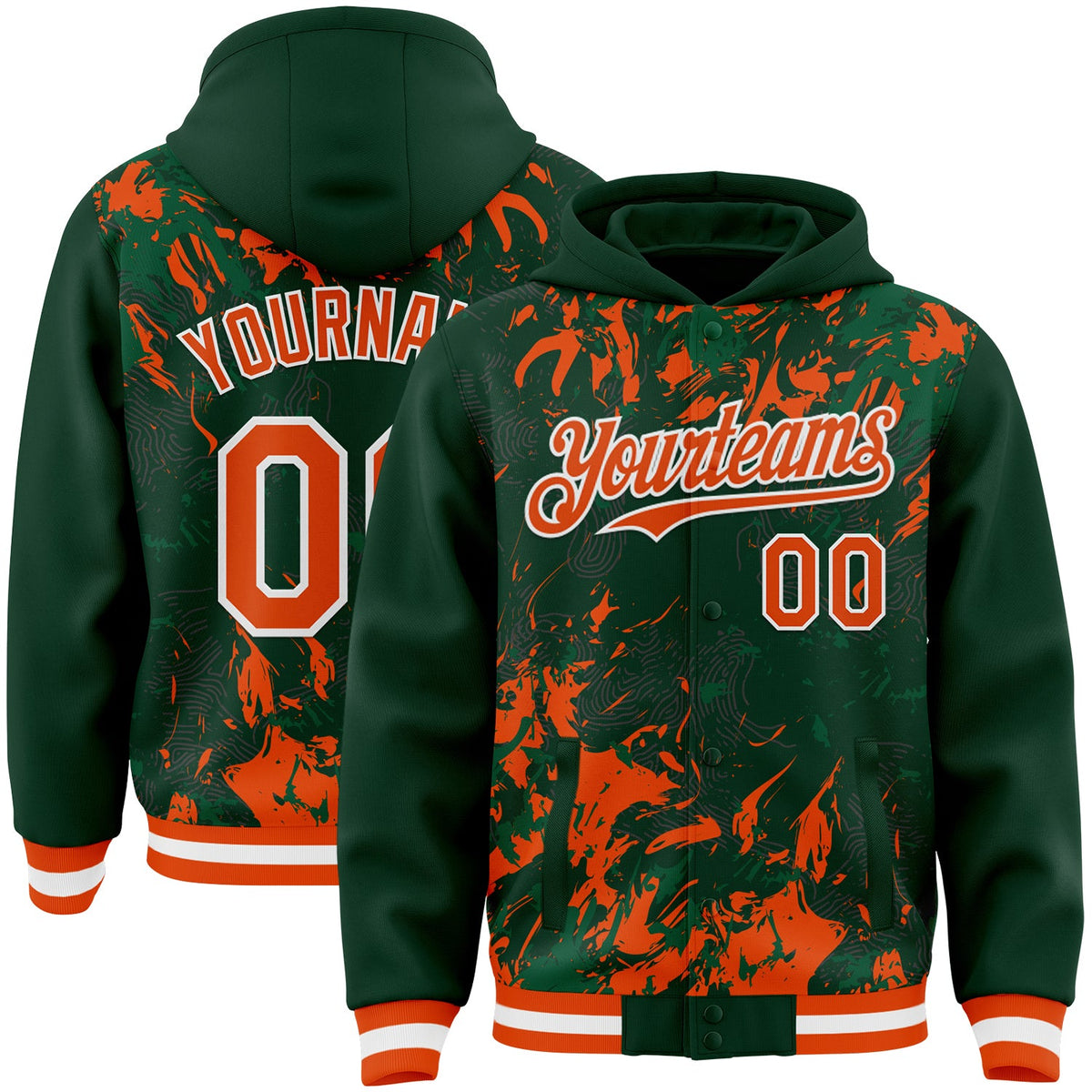 Custom Green Orange Kelly Green-White Splash Bomber Full-Snap Varsity Letterman Hoodie Jacket