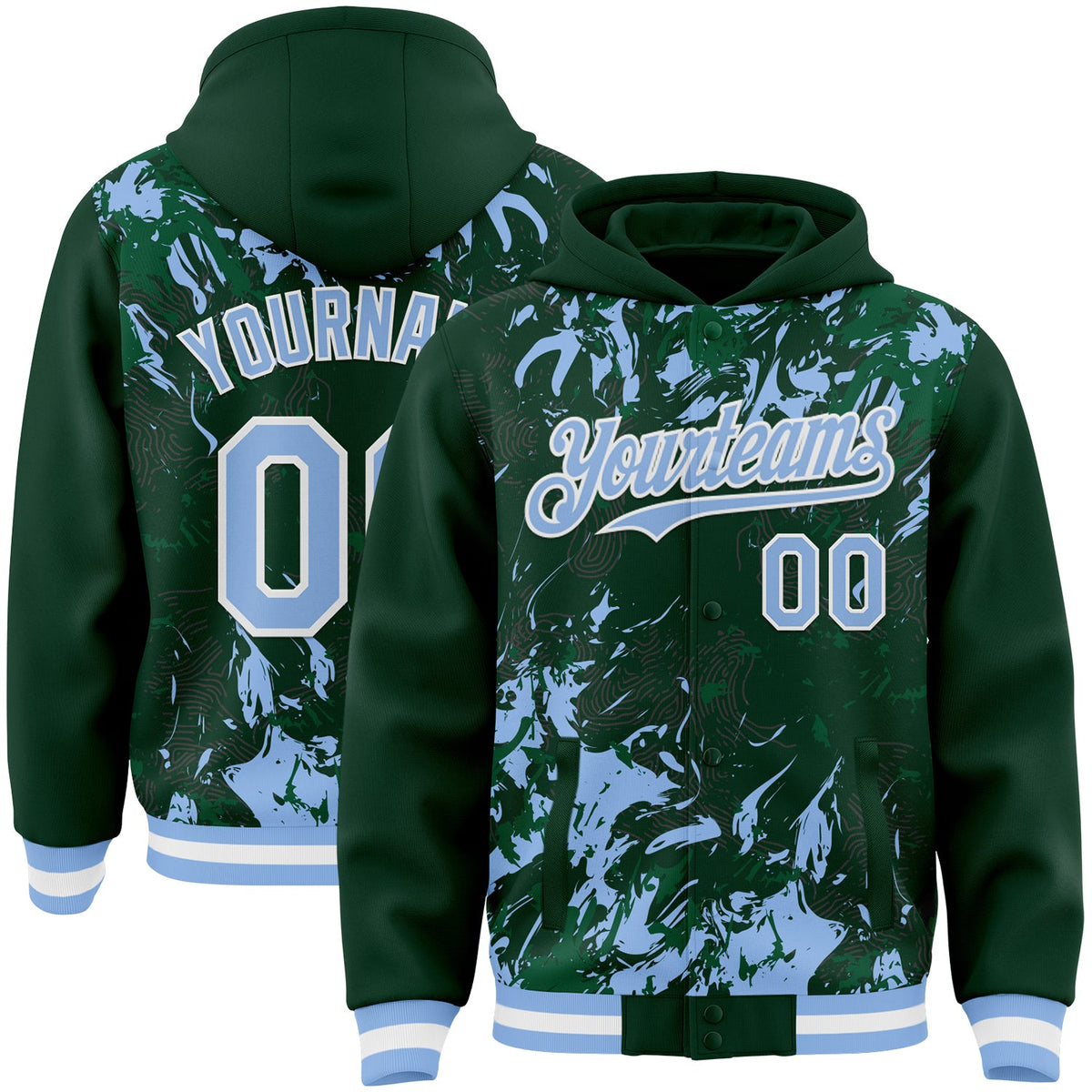 Custom Green Light Blue Kelly Green-White Splash Bomber Full-Snap Varsity Letterman Hoodie Jacket