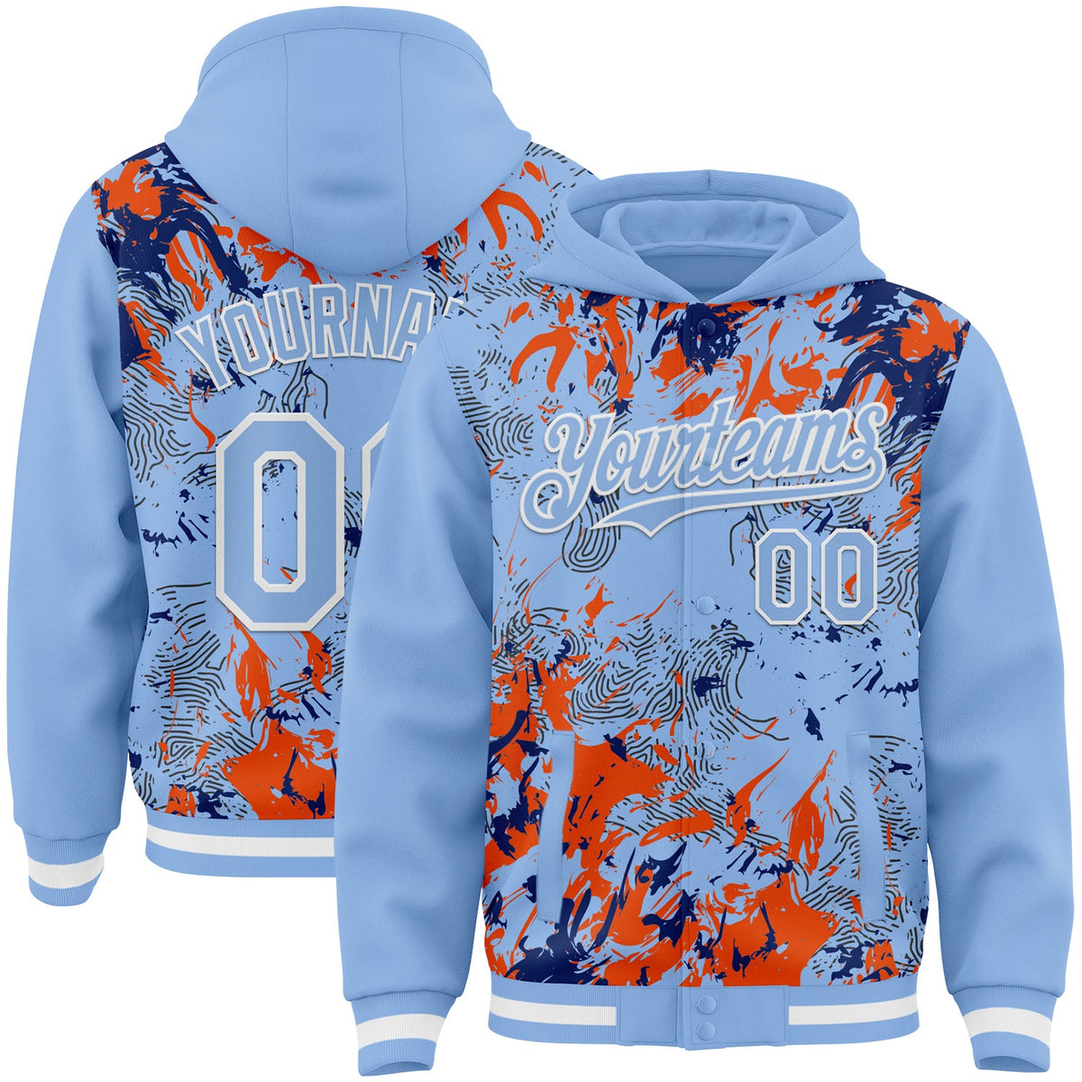 Custom Light Blue Royal Orange-White Splash Bomber Full-Snap Varsity Letterman Hoodie Jacket