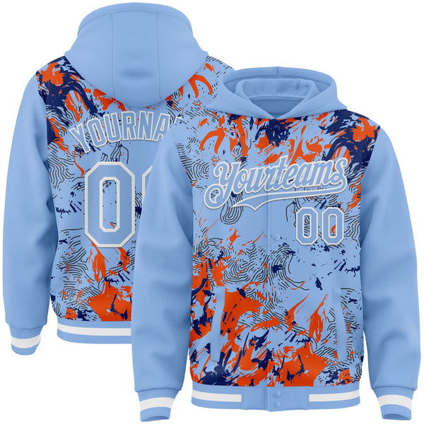 Custom Light Blue Royal Orange-White Splash Bomber Full-Snap Varsity Letterman Hoodie Jacket