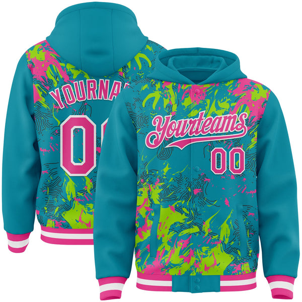 Custom Teal Pink Neon Green-White Splash Bomber Full-Snap Varsity Letterman Hoodie Jacket