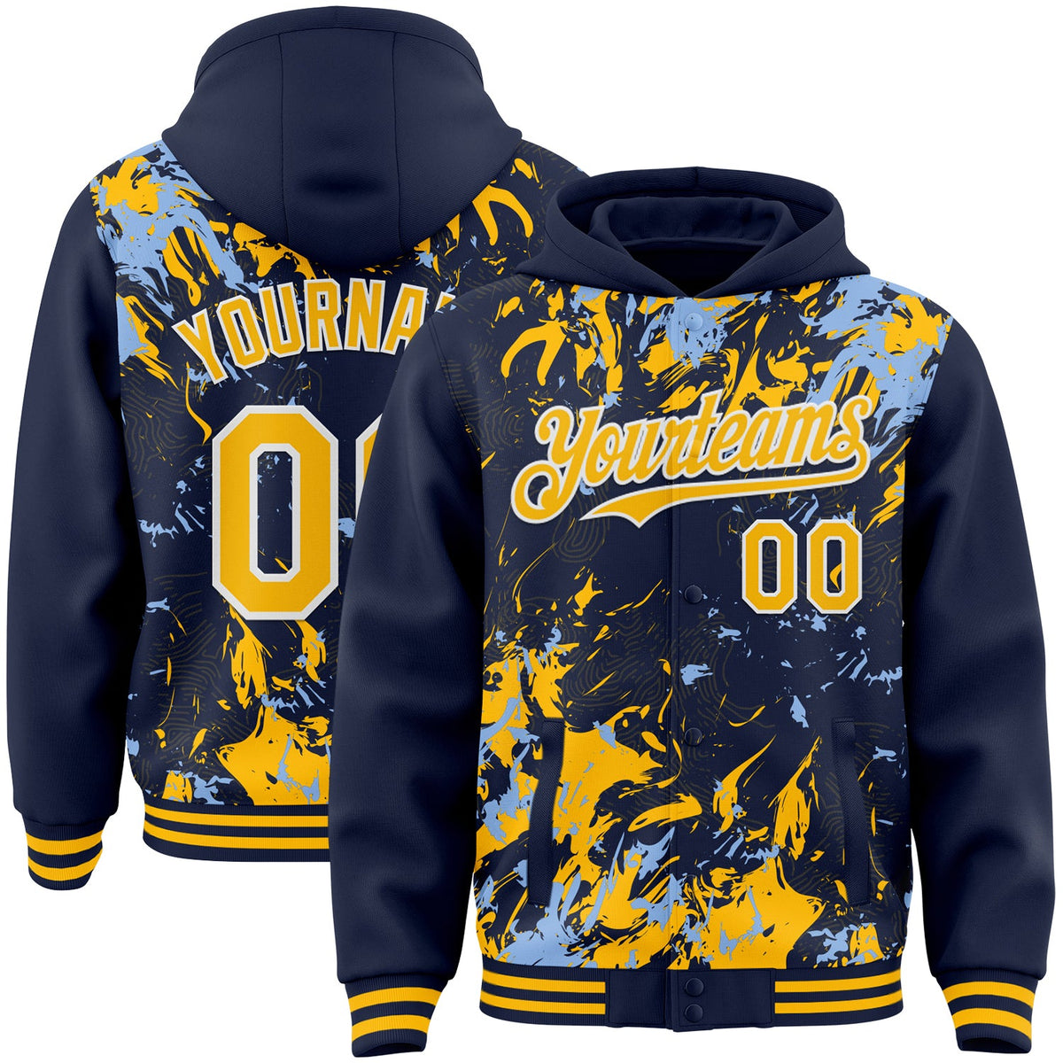 Custom Navy Gold Light Blue-White Splash Bomber Full-Snap Varsity Letterman Hoodie Jacket