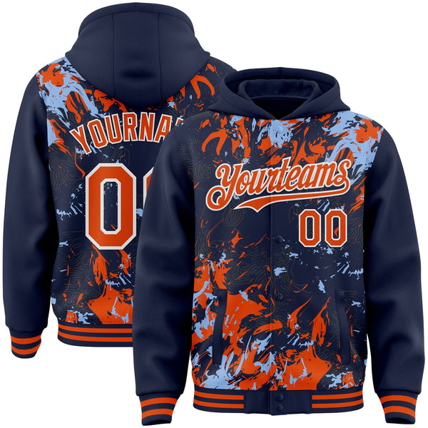 Custom Navy Orange Light Blue-White Splash Bomber Full-Snap Varsity Letterman Hoodie Jacket