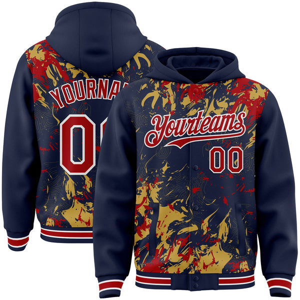 Custom Navy Red Old Gold-White Splash Bomber Full-Snap Varsity Letterman Hoodie Jacket