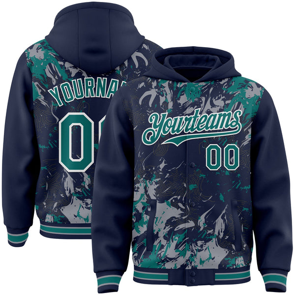 Custom Navy Teal Gray-White Splash Bomber Full-Snap Varsity Letterman Hoodie Jacket