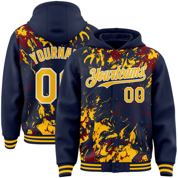 Custom Navy Gold Crimson-White Splash Bomber Full-Snap Varsity Letterman Hoodie Jacket