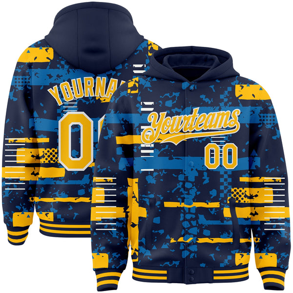 Custom Navy Gold Blue-White Abstract Fragment Shape Bomber Full-Snap Varsity Letterman Hoodie Jacket