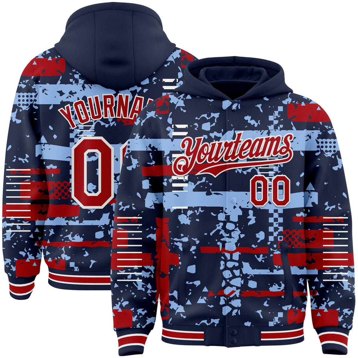 Custom Navy Red Light Blue-White Abstract Fragment Shape Bomber Full-Snap Varsity Letterman Hoodie Jacket