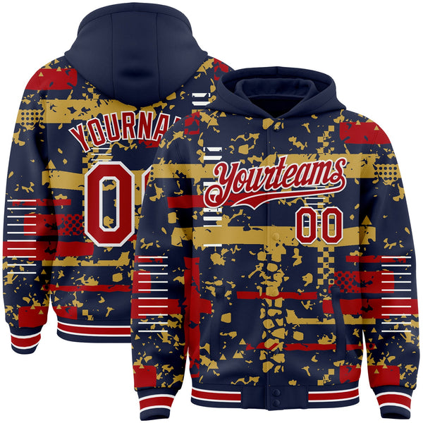 Custom Navy Red Old Gold-White Abstract Fragment Shape Bomber Full-Snap Varsity Letterman Hoodie Jacket