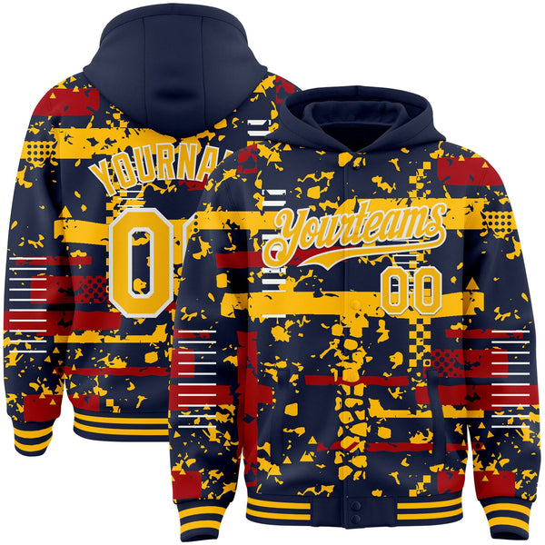 Custom Navy Gold Red-White Abstract Fragment Shape Bomber Full-Snap Varsity Letterman Hoodie Jacket