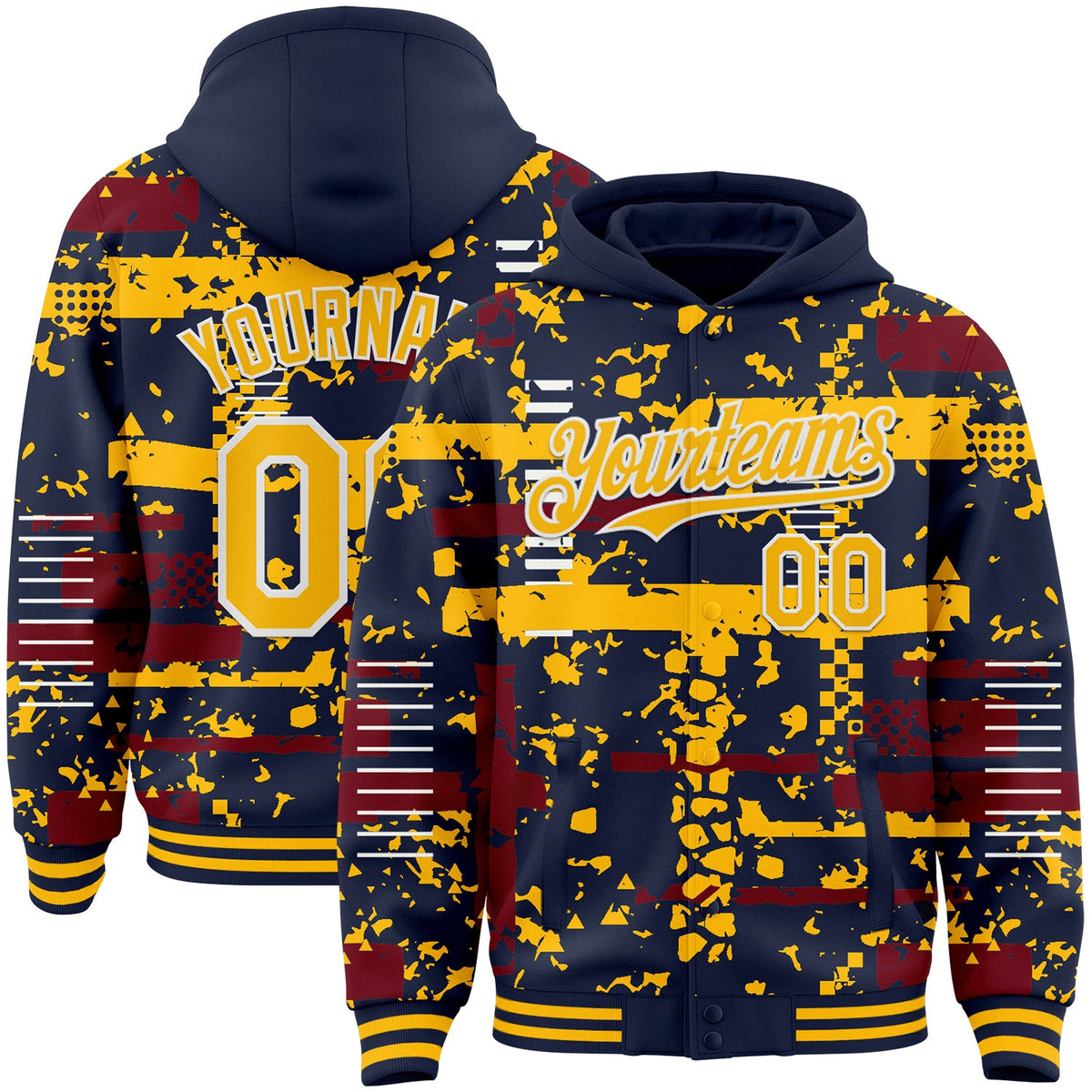 Custom Navy Gold Crimson-White Abstract Fragment Shape Bomber Full-Snap Varsity Letterman Hoodie Jacket