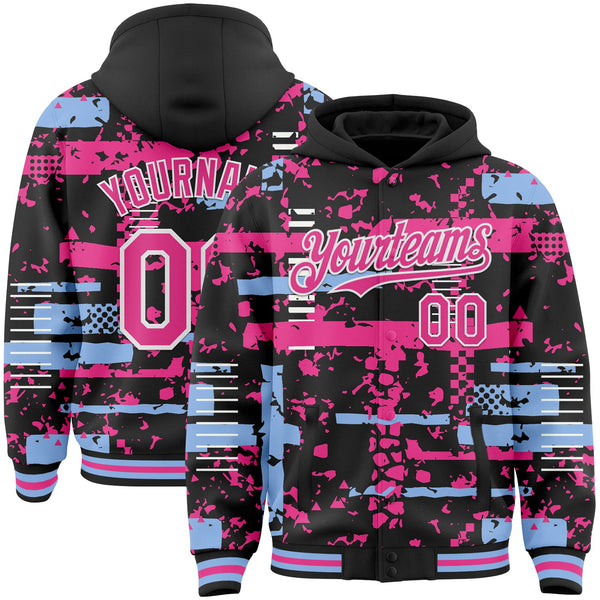 Custom Black Pink Light Blue-White Abstract Fragment Shape Bomber Full-Snap Varsity Letterman Hoodie Jacket