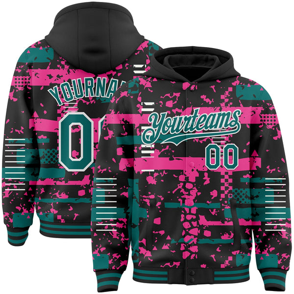 Custom Black Teal Pink-White Abstract Fragment Shape Bomber Full-Snap Varsity Letterman Hoodie Jacket