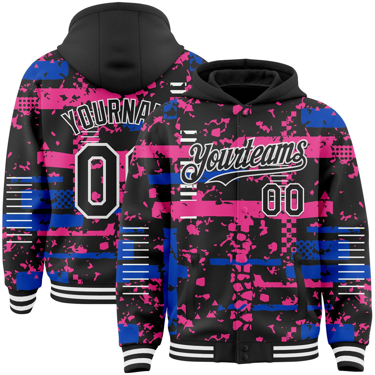 Custom Black Thunder Blue Pink-White Abstract Fragment Shape Bomber Full-Snap Varsity Letterman Hoodie Jacket