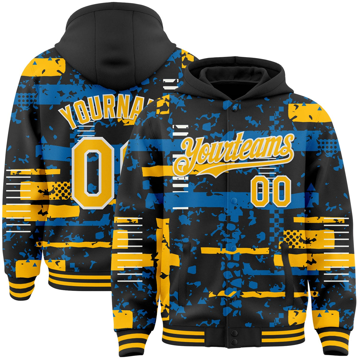 Custom Black Gold Blue-White Abstract Fragment Shape Bomber Full-Snap Varsity Letterman Hoodie Jacket