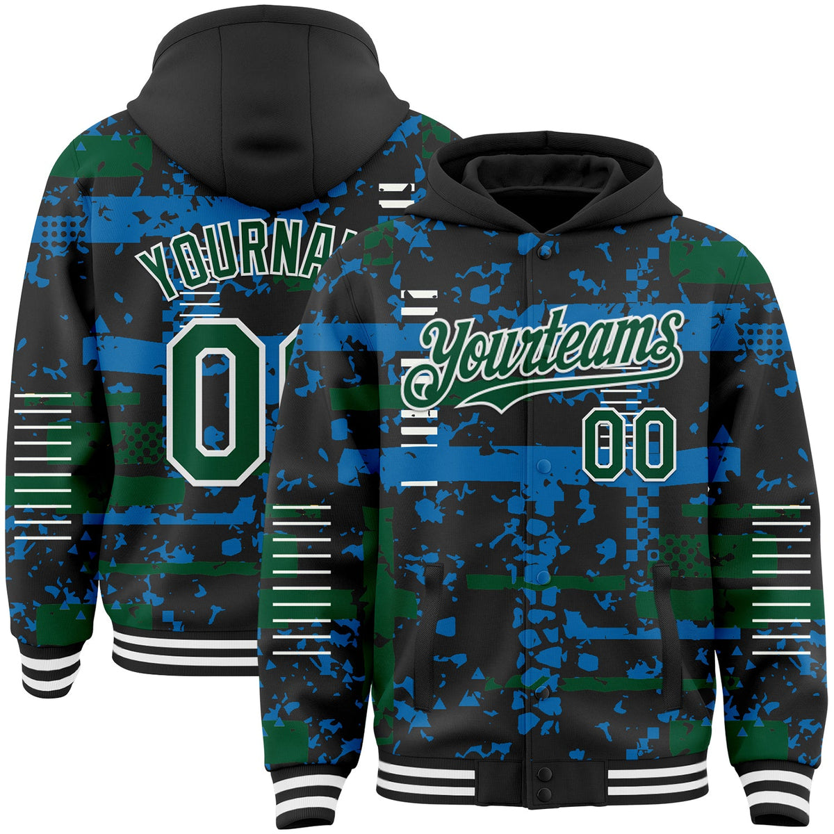 Custom Black Kelly Green Blue-White Abstract Fragment Shape Bomber Full-Snap Varsity Letterman Hoodie Jacket