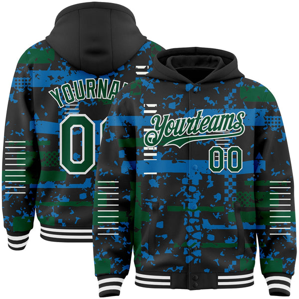 Custom Black Kelly Green Blue-White Abstract Fragment Shape Bomber Full-Snap Varsity Letterman Hoodie Jacket
