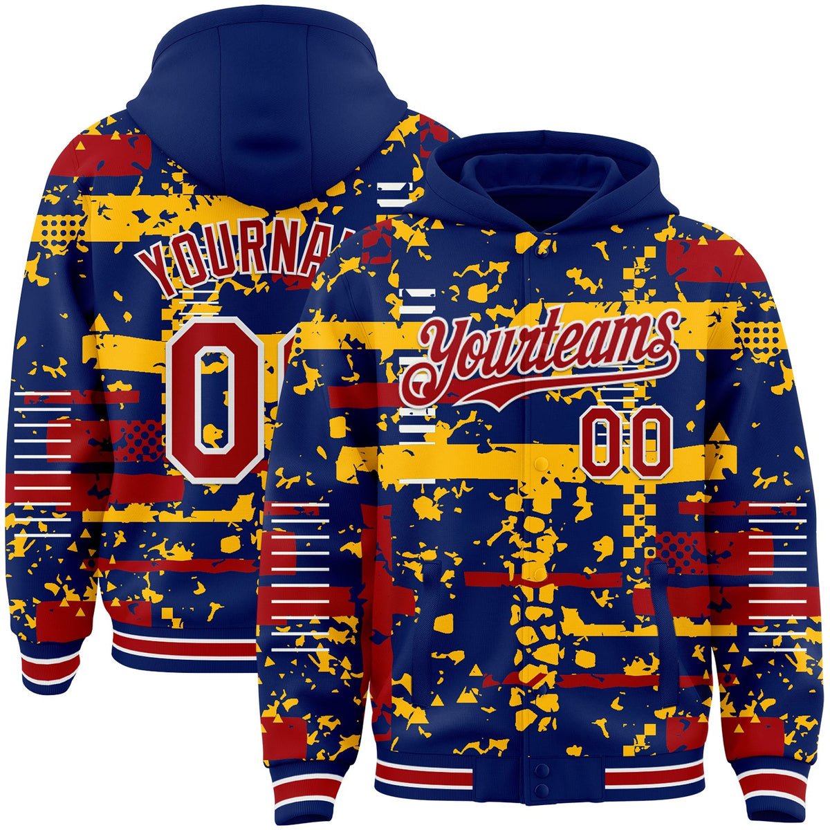 Custom Royal Red Gold-White Abstract Fragment Shape Bomber Full-Snap Varsity Letterman Hoodie Jacket