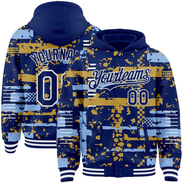 Custom Royal Light Blue Old Gold-White Abstract Fragment Shape Bomber Full-Snap Varsity Letterman Hoodie Jacket