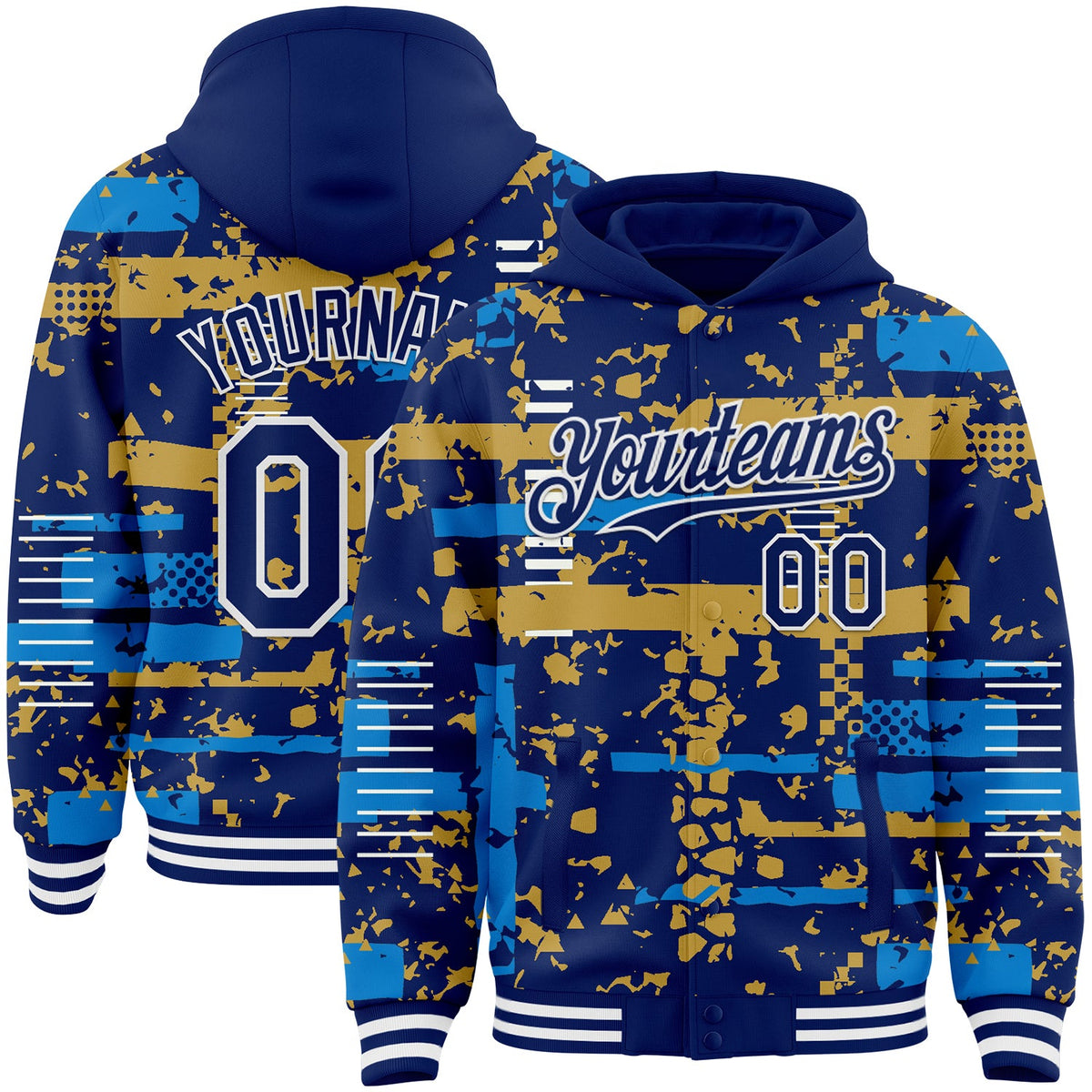 Custom Royal Powder Blue Old Gold-White Abstract Fragment Shape Bomber Full-Snap Varsity Letterman Hoodie Jacket