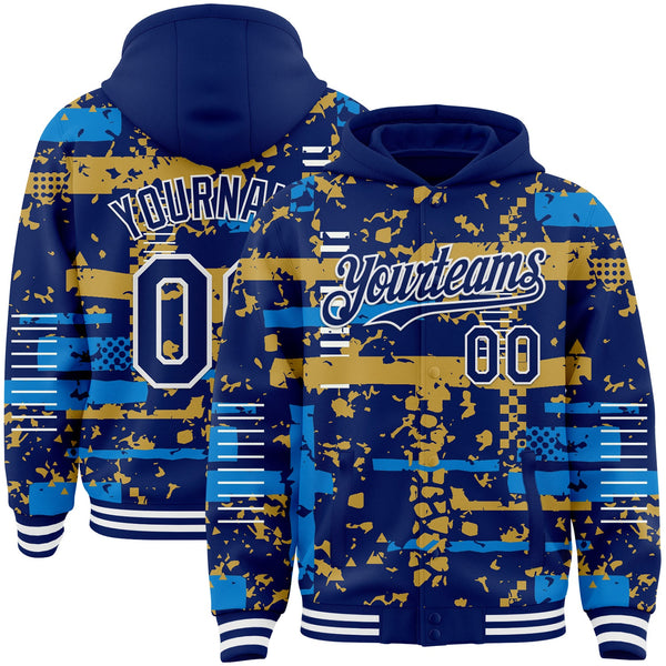 Custom Royal Powder Blue Old Gold-White Abstract Fragment Shape Bomber Full-Snap Varsity Letterman Hoodie Jacket