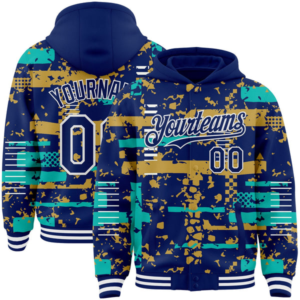 Custom Royal Aqua Old Gold-White Abstract Fragment Shape Bomber Full-Snap Varsity Letterman Hoodie Jacket
